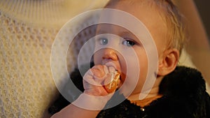 Headshot portrait of toothless charming baby girl sucking mandarin sitting in hands of unrecognizable woman indoors