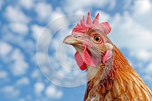 Headshot portrait of purebread chicken on sky background, bird fashion portrait. photo