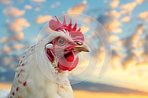 Headshot portrait of purebread chicken on sky background, bird fashion portrait. photo