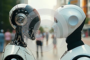 Headshot of a robotic figure with white eyes and features. cyborg with beautiful mask face as 3D AI graphic, future style and