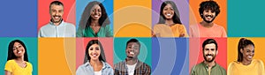 Headshots of positive millennial and adult international people on colorful studio background with free space
