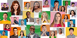 Headshots of sad, pensive, cheerful and shocked millennial international people expresses emotions