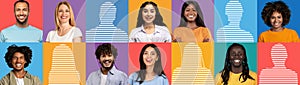 Headshots of smiling millennial multiethnic male and female on colored studio background, with free space