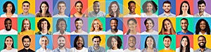 Headshots of young diverse smiling happy guys and ladies on colorful backgrounds, panorama