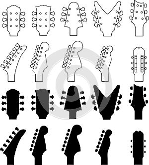 Headstocks of different electric and acoustic guitars in black and white. vector image. illustration