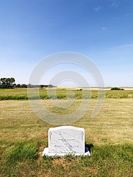 Headstone in field.