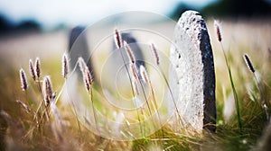 a headstone in a field