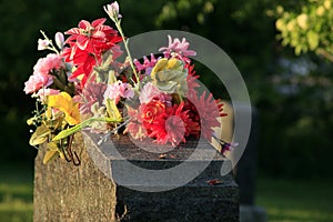 Headstone with flowers