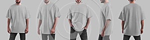 Heahter t-shirt oversized mockup on a bearded man in dark jeans, front, side, back view, clothing for design, branding,