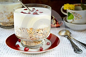 Healhty breakfast with oatmeal, yogurt and pomegranate berries