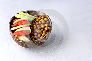 Healhty Vegan Lunch Bowl with Avocado Tomato Chickpeas Vegetables Salad Top View Horizontal Copy Space