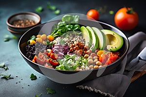 healhty vegan lunch bowl with copy space, dieting, vegan food concept