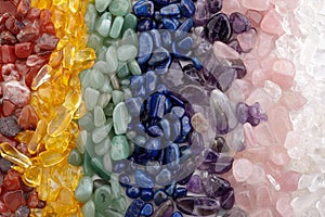 Healing Chakra Crystals Banner - Chakra colored tumbled healing stones. Crystal healing background