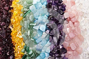 Healing Chakra Crystals Banner. Chakra colored tumbled healing stones.