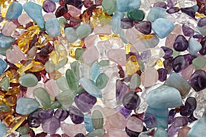 Healing Chakra Crystals Banner. Chakra colored tumbled healing stones.