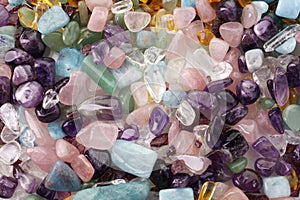 Healing Chakra Crystals Banner. Chakra colored tumbled healing stones.