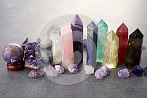 Healing Chakra crystals. Meditation, Reiki or spiritual healing background. photo
