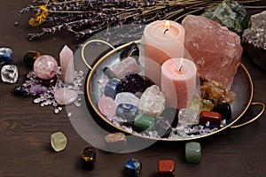 Healing chakra crystals therapy. Alternative rituals, gemstones for wellbeing, meditation, destress