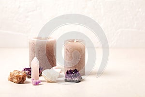 Healing chakra crystals therapy. Alternative rituals, gemstones for wellbeing, meditation, destress