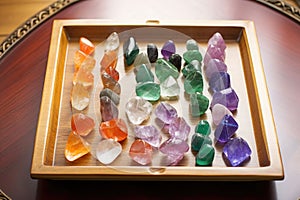 healing crystals arranged on a tray