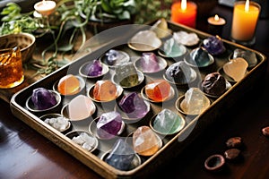 healing crystals arranged on a tray