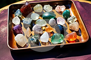 healing crystals arranged on a tray