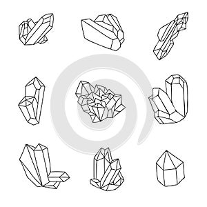 Healing crystals outline set, gems and minerals silhouettes isolated on a white background. Contour magic stones faces