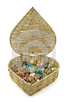 Healing crystals stored in heart shaped basket