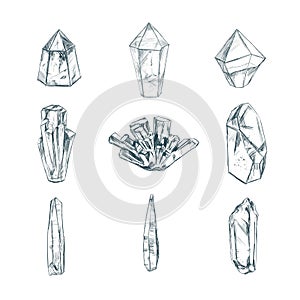 Healing crystals. Vector hand drawn illustration. Isolated objects. Yoga. Spirituality