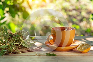 Healing drink with dry linden and lemon folk healers recommend for colds. Orange mug with steam on the table among nature