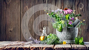 Healing Herbs And Essential Oil In Bottle With Mortar