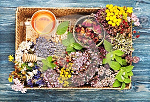 Healing herbs and flowers in a tray, honey and herbal tea.