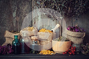Healing herbs in hessian bags photo
