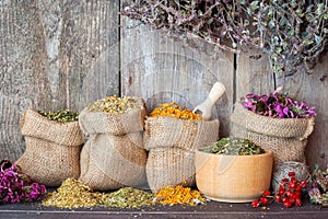 Healing herbs in hessian bags and in mortar on wooden wall