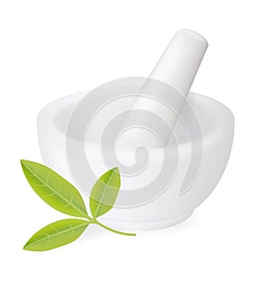 Healing herbs in white ceramic mortar