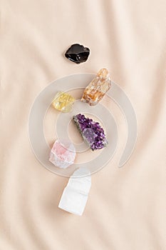 Healing reiki chakra crystals. Gemstones for wellbeing, destress, meditation, relaxation