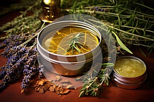 healing salve with herbal ingredients in a tin