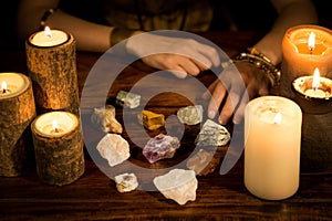 Healing stones, candles and fortune teller hands, concept life c