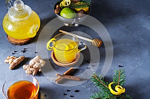 Healthy winter beverage with ginger, turmeric, cinnamon stick, lemon, honey and black pepper. Decorated with pins