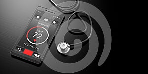 Health app. Heartbeats on a smartphone screen and a stethoscope, black background, banner, copy space