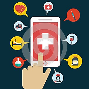 Health application on a smartphone. Open with hand cursor. Vector icon