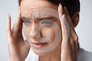 Health. Beautiful Woman Having Strong Headache, Feeling Pain