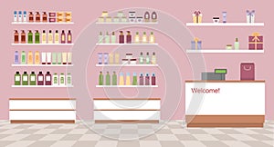 Health and beauty store with colorful cosmetic products in plastic bottles in shelves.