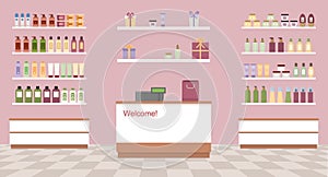 Health and beauty store with colorful cosmetic products in plastic bottles in shelves.