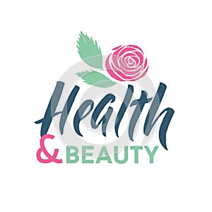 Health and Beauty Studio Vector Logo. Stroke Pink Rose Flower Illustration. Brand Lettering