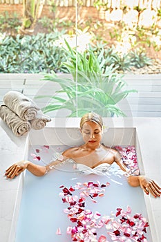 Health, Beauty. Woman Spa Body Care. Relaxing Flower Rose Bath