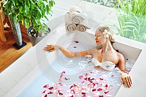 Health, Beauty. Woman Spa Body Care. Relaxing Flower Rose Bath