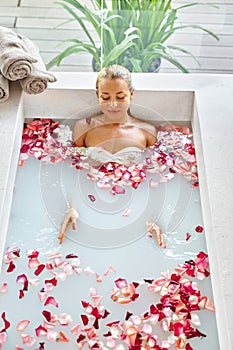 Health, Beauty. Woman Spa Body Care. Relaxing Flower Rose Bath