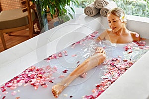 Health, Beauty. Woman Spa Body Care. Relaxing Flower Rose Bath