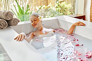 Health, Beauty. Woman Spa Body Care. Relaxing Flower Rose Bath